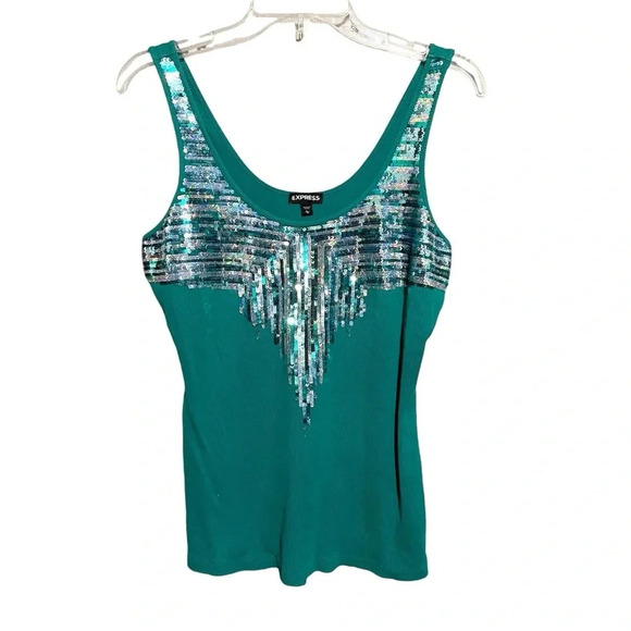 Express Tank Top Shirt Size Large Sequin Front Sexy  Bright Bold Green 80s Y2K - Picture 1 of 7